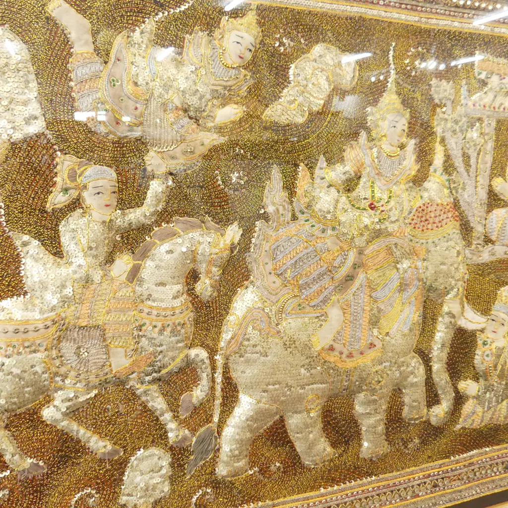 OLD KALAGA TAPESTRY BURMA WELL FRAMED IN PENANG SILK COTTON MOONSTONE MOP LINEN BEADS GOLD THREADS SEQUINS. Image 1++