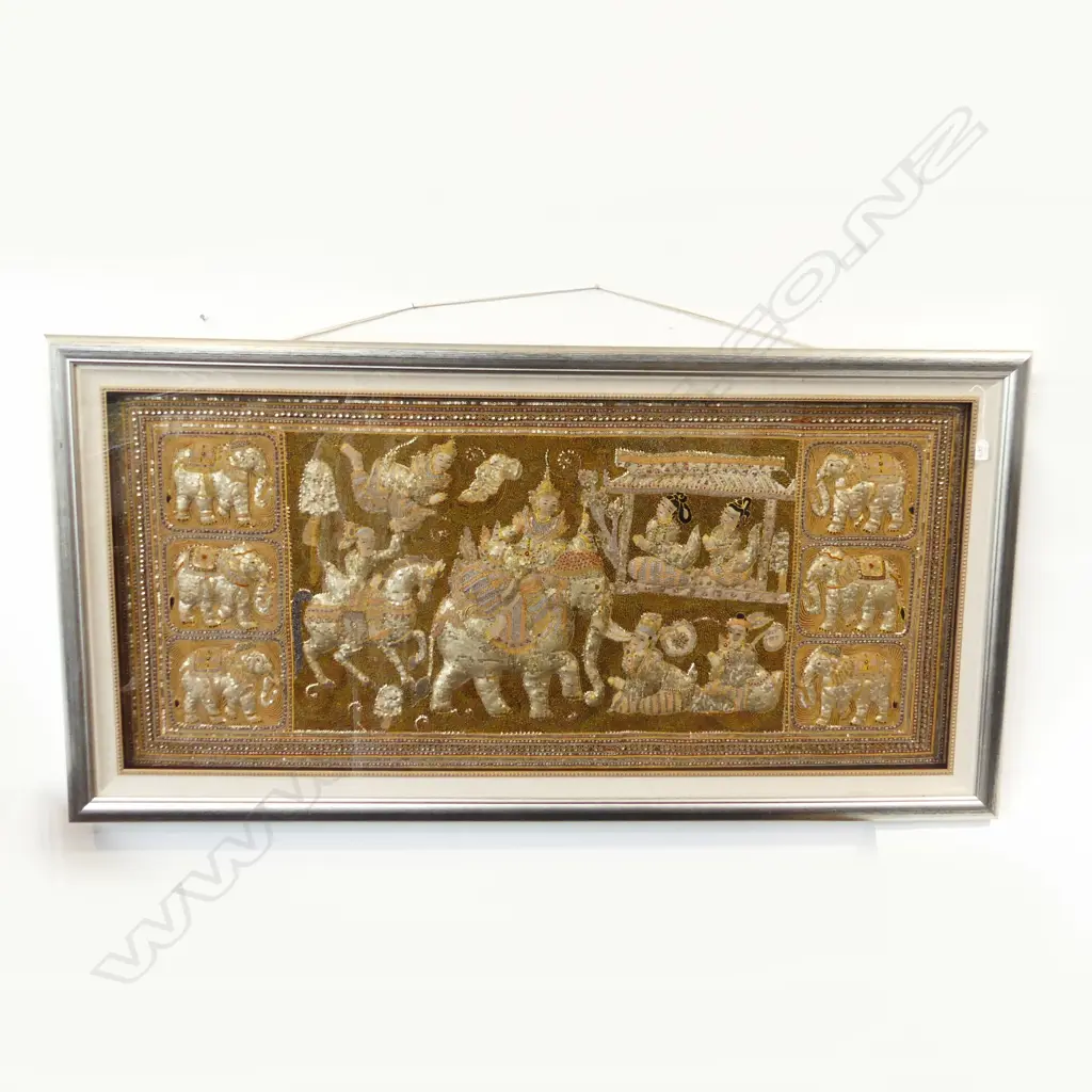 OLD KALAGA TAPESTRY BURMA WELL FRAMED IN PENANG SILK COTTON MOONSTONE MOP LINEN BEADS GOLD THREADS SEQUINS. Image 1++