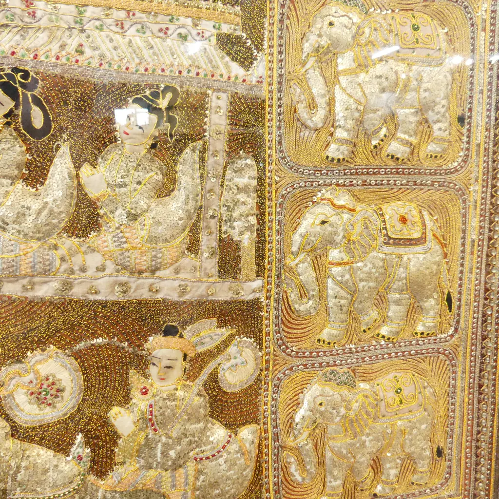 OLD KALAGA TAPESTRY BURMA WELL FRAMED IN PENANG SILK COTTON MOONSTONE MOP LINEN BEADS GOLD THREADS SEQUINS. Image 1++
