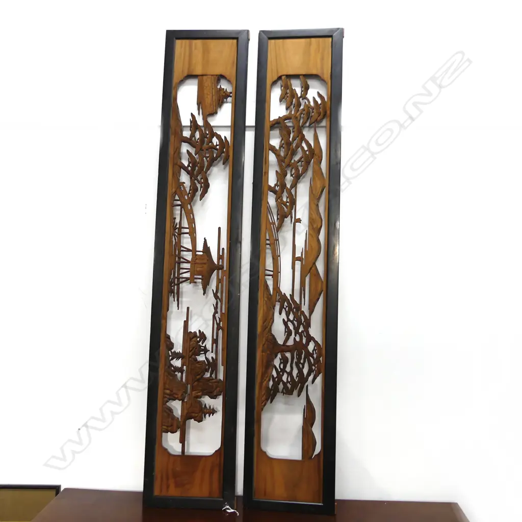 PAIR JAPANESE CARVED CEDAR PANELS 340 x 1860mm Image 1++