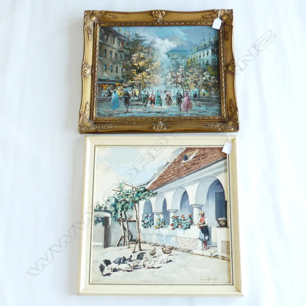 2 OIL ON BOARD ARTWORKS; C. M. VON BERWALD 'FARMYARD SCENE HUNGARY' 395x395mm + SIGNED URBAN STREET SCENE 310x390mm Image 1++