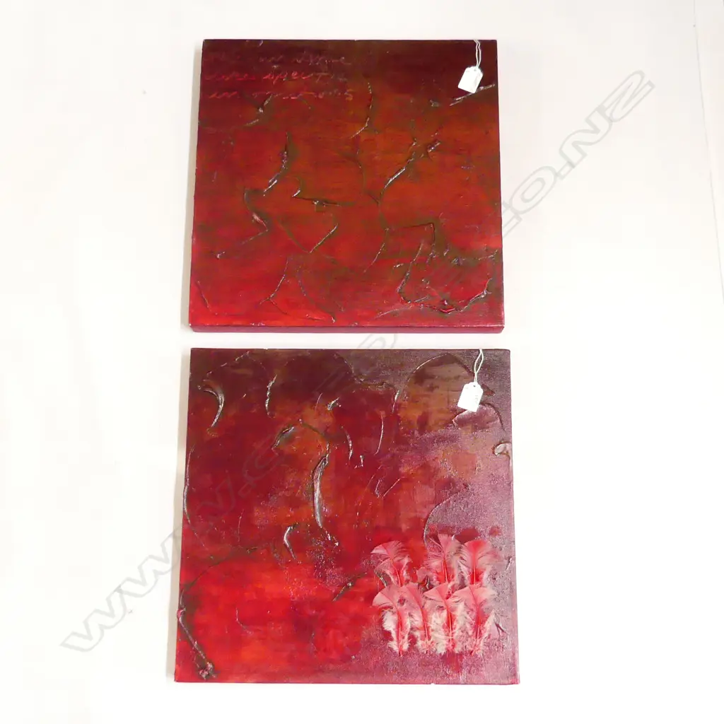 EMMA WRIGHT OIL ON CANVAS 'The Universe likes specific instructions (2 piece) signed & dated '04 Ea.400x400mm. Image 1++