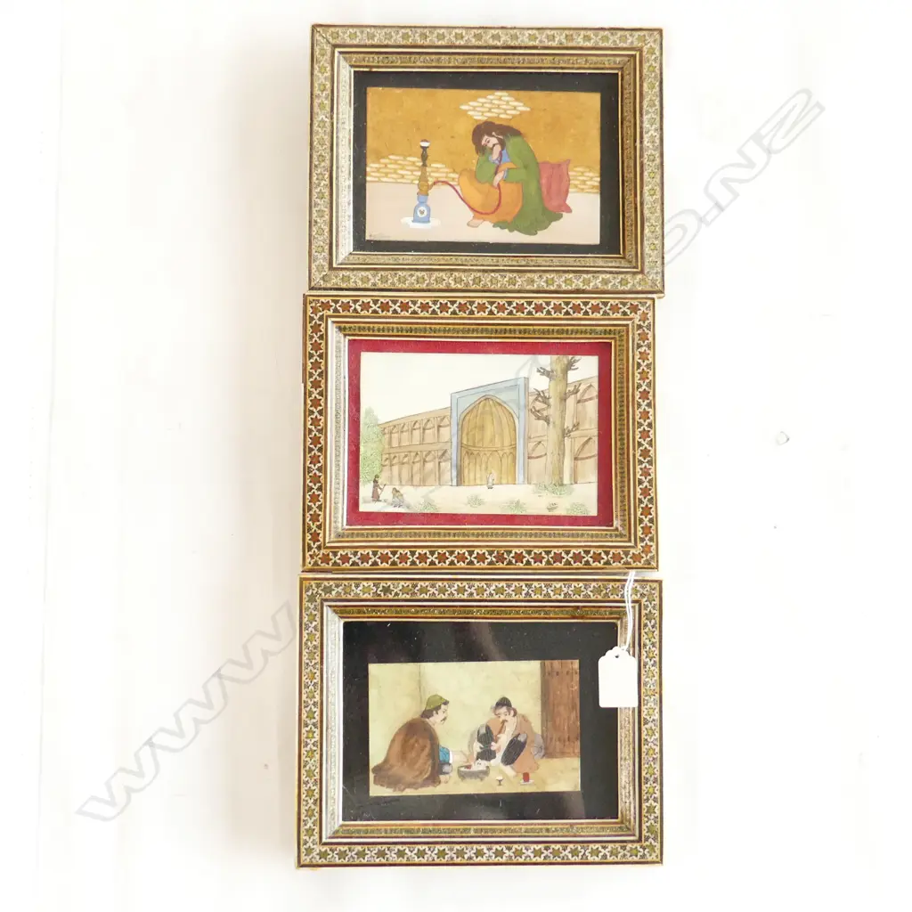 3 MIDDLE EASTERN ARTWORKS w. INLAID FRAMES 175x225mm overall Image 1++