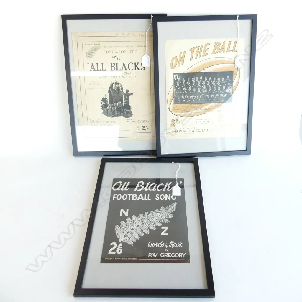 3 VINTAGE ALL BLACKS MUSIC SHEET COVERS, FRAMED 340x260mm Image 1++