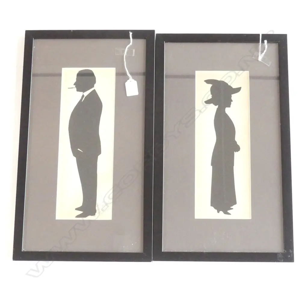 PR EDWARDIAN BLACK PAPER SILHOUETTES - MAN & WOMAN, FRAMED 320x110mm... Image 1++