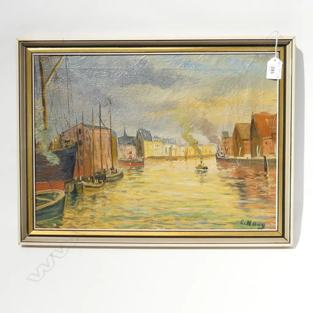 VINTAGE SIGNED OIL ON CANVAS - EUROPEAN TOWN w. BOATS ON WATER 300x420mm Image 1++