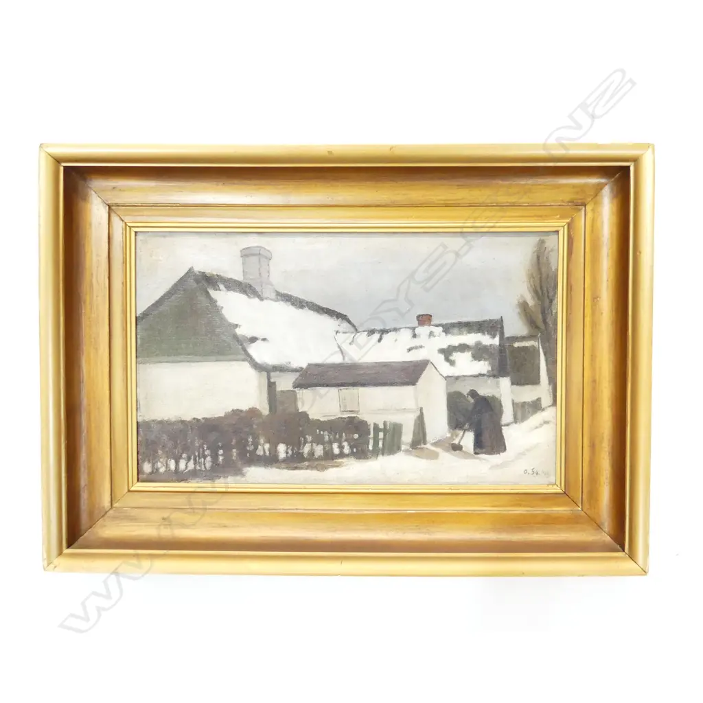 ANTIQUE SIGNED OIL ON CANVAS - BUILDINGS w. SNOW 1919 215x365mm GILT FRAME Image 1++