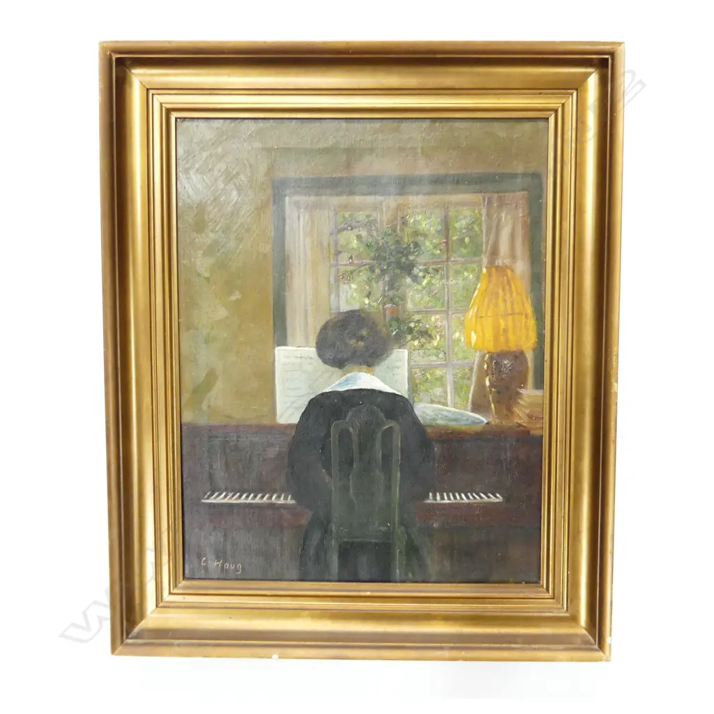 C. HAUG - WOMAN AT PIANO - OIL ON CANVAS 410x320mm GILT FRAME Image 1++