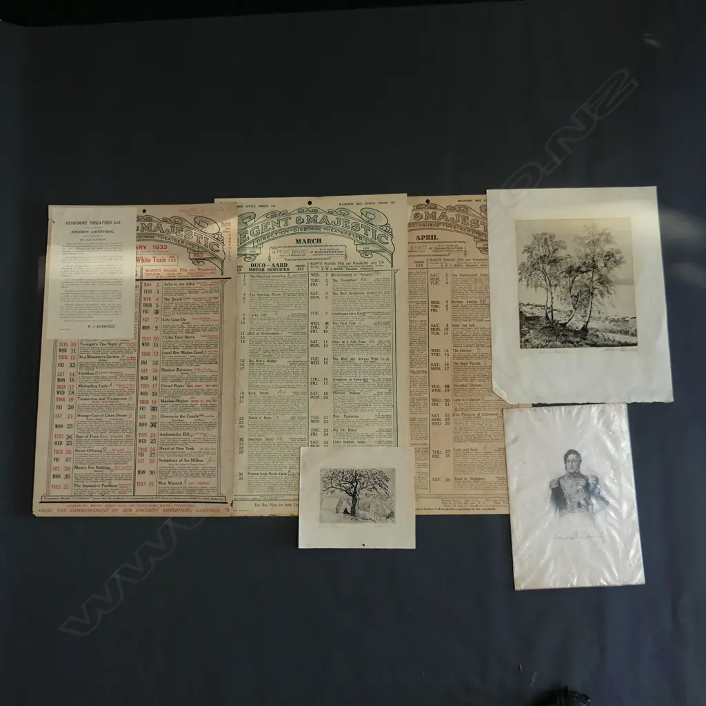 2 GISBORNE REGENT & MAJESTIC THEATRE MOVIE BILLS JAN / MARCH 1933 510x320mm + ASST. ETCHINGS Image 1++