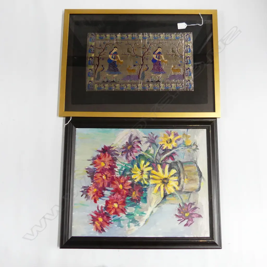 2 ARTWORKS; FRAMED INDIAN EMBROIDERY 400x580mm, FLORAL STILL LIFE OIL ON BOARD 495x395mm Image 1++
