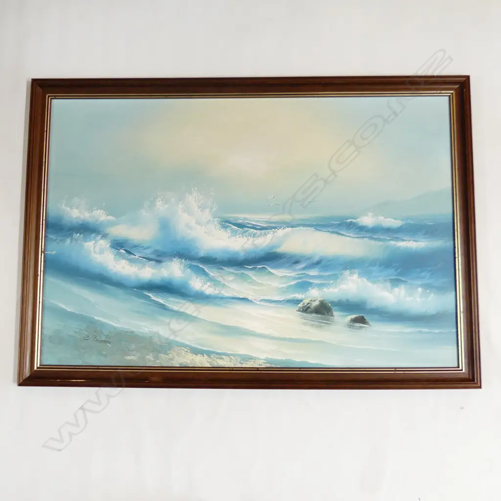 C BARRETT CRASHING WAVES OIL ON BOARD signed 590 x 885mm Image 1++