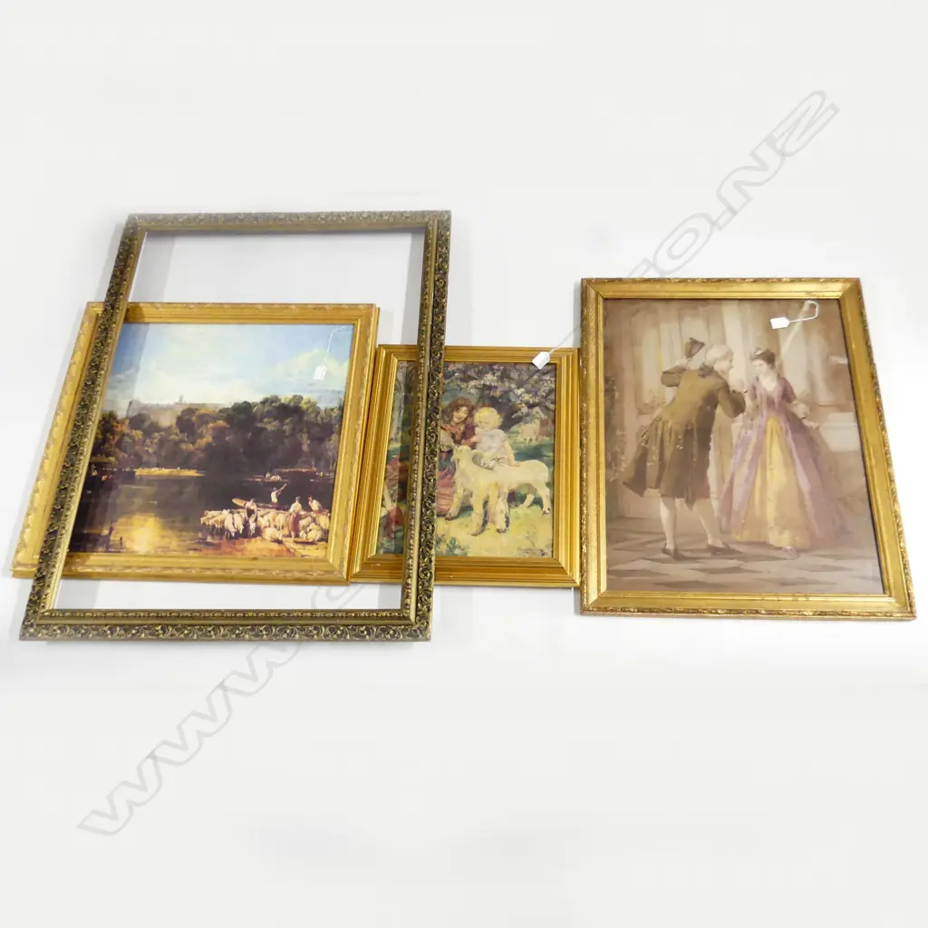 LG EMPTY FRAME + 3 PRINTS; FRENCH COUPLE IN 18thC COSTUME 670x505mm, TURNER LANDSCAPE, MOTHER & CHILD FEEDING LAMB Image 1++