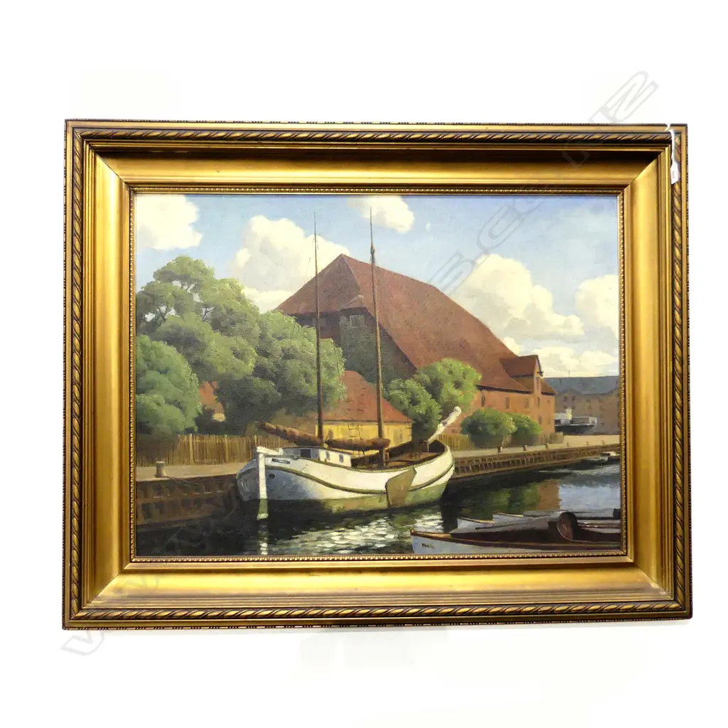 NIELS WALSETH (DANISH 1914-2001), BOAT ON CANAL, OIL ON CANVAS 640x860mm Image 1++