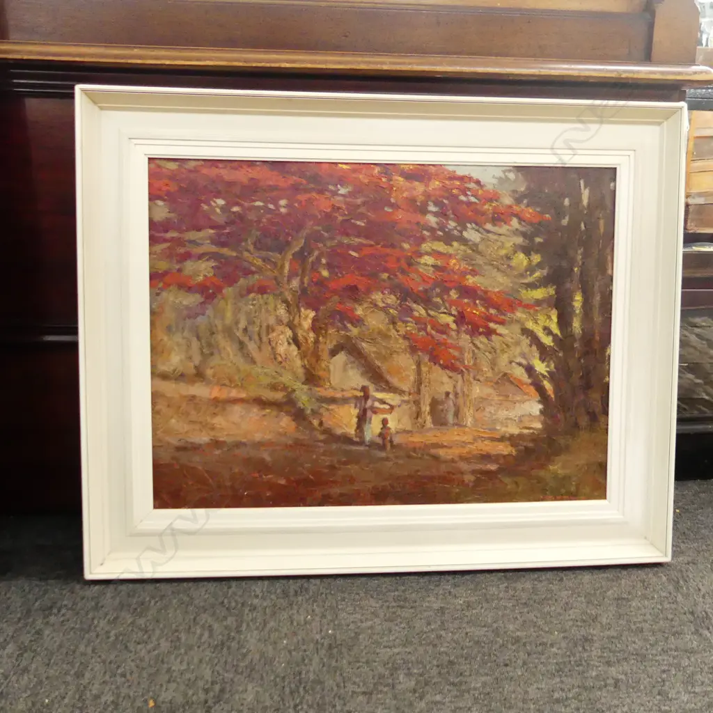 LG SIGNED OIL - 2 FIGURES UNDER RED TREE 530x720mm Image 1++