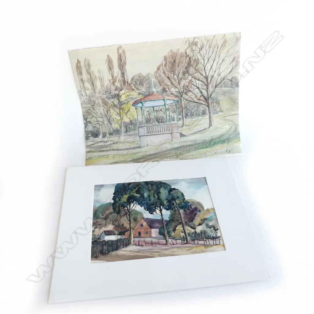 2 GEOFF FAIRBURN WATERCOLOURS. Band rotunda & Farm building signed 1942.  395 x 510mm largest. Unframed Image 1++