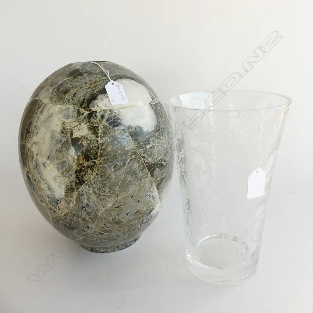 HEAVY STONE WARE VASE + CHRISTOFLE ETCHED VASE FAULT TO TOP ETCHED MARK H 250 MM Image 1++