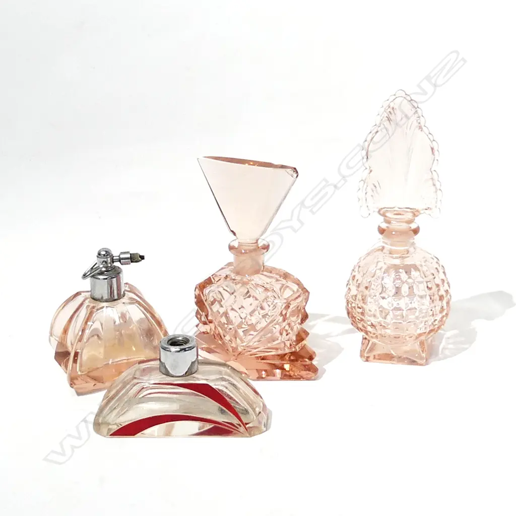 4 VINTAGE DECO PERFUME BOTTLES; 3x PINK GLASS H.165mm (chips) Image 1++