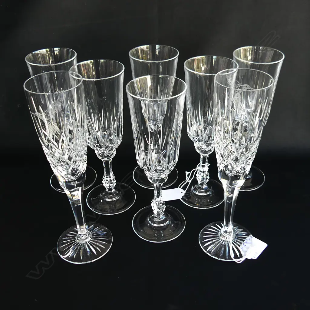 8 CUT CRYSTAL CHAMPAGNE FLUTES - SET 6 + 2 WITH ETCHED HUMMINGBIRDS Image 1++
