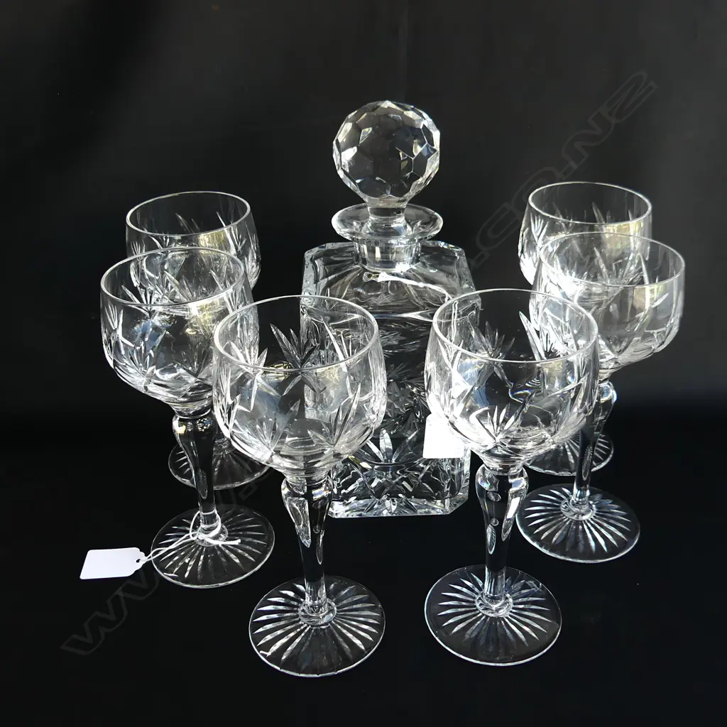 SET 6 STUART CUT CRYSTAL HOCK WINE GLASSES (H. 178MM) + HEAVY CUT CRYSTAL DECANTER (H. 260MM) Image 1++