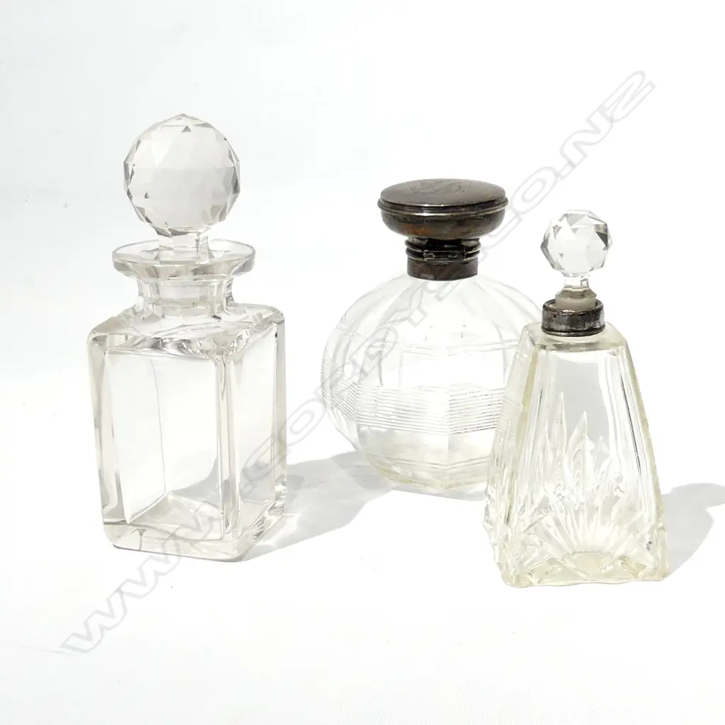 3 ANTIQUE CRYSTAL BOTTLES; ONE w. STG CAP H.160mm (chips) Image 1++