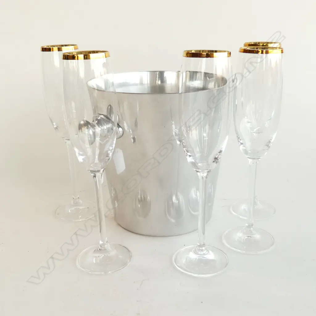 CHAMPAGNE BUCKET + 5 GOLD RIMMED FLUTES H.240mm Image 1++