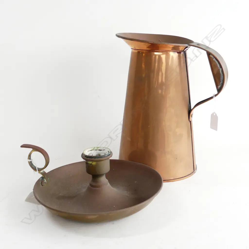 COPPER 1 GALLON PITCHER H280MM & BRASS NIGHT CANDLESTICK W250MM Image 1++