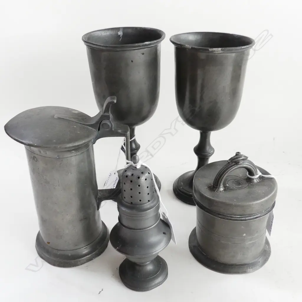 2 ANTIQUE PEWTER GOBLETS H220MM LIDDED JUG LIDDED JAR H160MM & SUGAR CASTER Image 1++