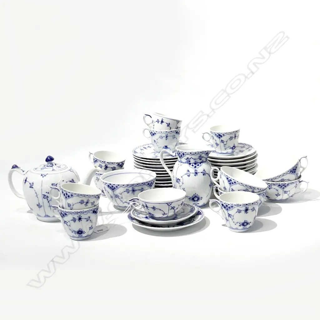 13 ASST. ROYAL COPENHAGEN TRIOS + TEAPOT (AF), JUG & SUGARBOWL  - some chips / hairlines Image 1++