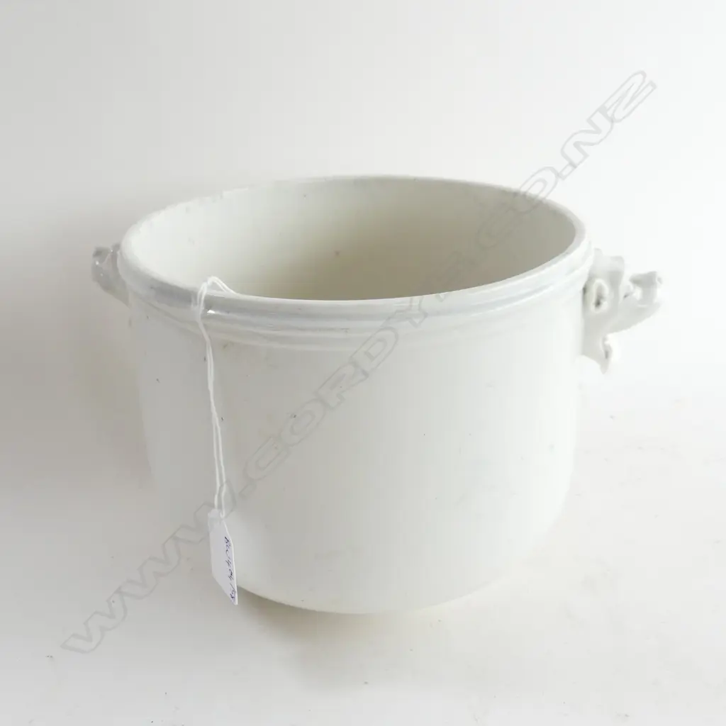 ANTIQUE WHITE PORCELAIN CHAMPAGNE BUCKET / JARDINERE w. OPEN MOUTHED DOG HANDLES H.160mm / 200mm dia Image 1++