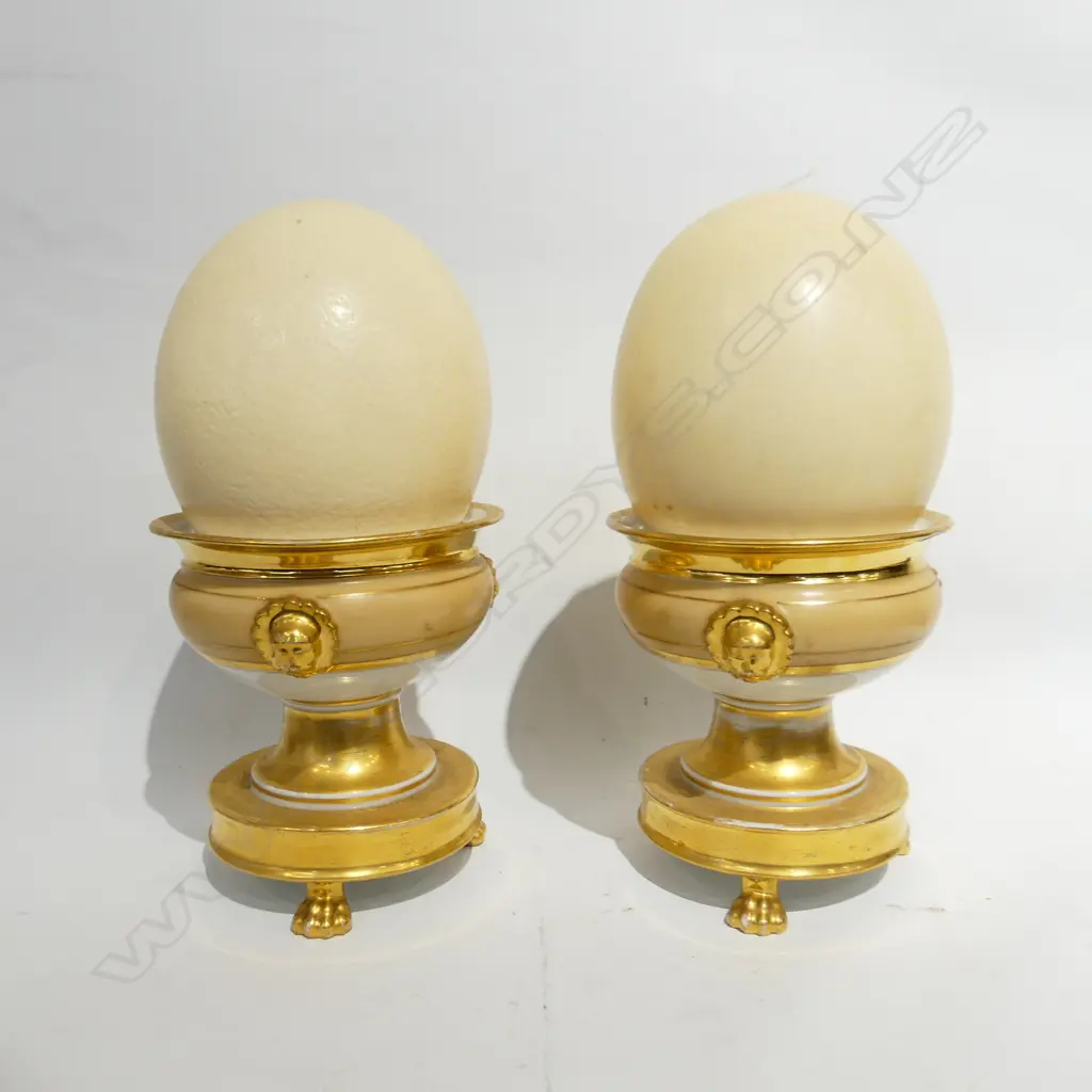 PR GILDED PORCELAIN 3 FOOTED URNS H.150mm HOLDING OSTRICH EGGS H.160mm Image 1++