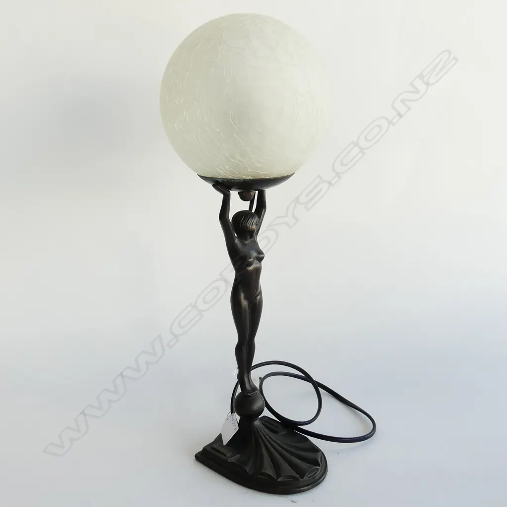ART DECO REPO BRASS LAMP - NAKED LADY WITH CRACKLE GLASS ROUND LAMP H. 425MM  - NEEDS REWIRING  Image 1++