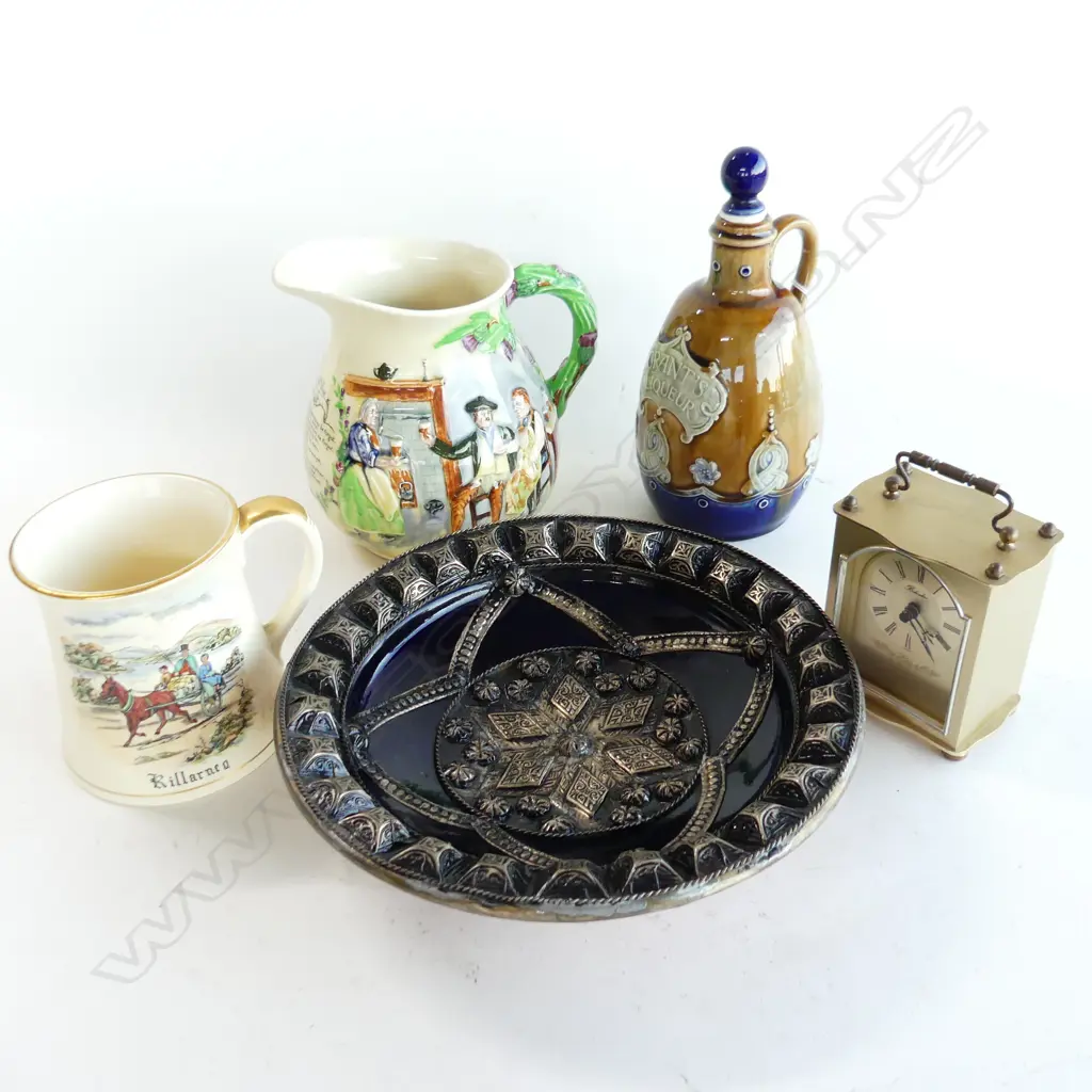 5 PCES; R. DOULTON GRANTS LIQUEUR BOTTLE (REPAIR), 2 MUSICAL JUGS, QUARTZ CARRIAGE CLOCK, MIDDLE EASTERN PLATE 255mm dia Image 1++