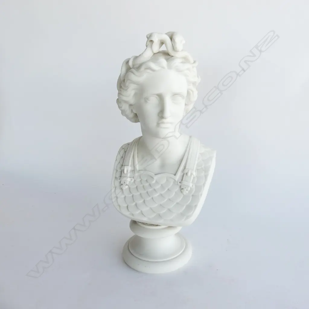 PARIAN WARE BUST - CLASSICAL WOMAN WITH SNAKE TIARA & SCALE ARMOUR H.305mm Image 1++