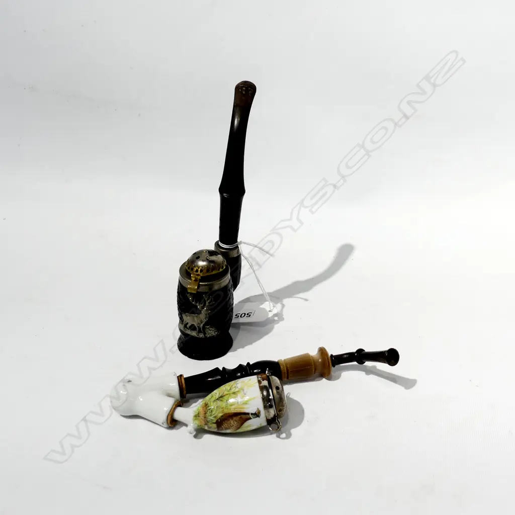 TWO EUROPEAN SMOKERS' PIPES - 1 PORCELAIN WITH PHEASANT, 1 CARVED WITH STAG Image 1++