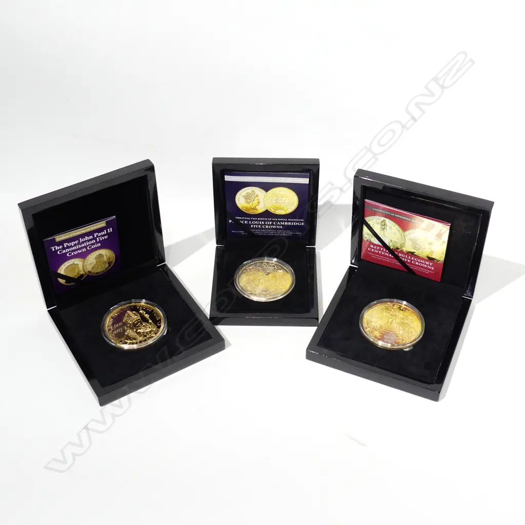 3 COMMEMORATIVE 24CT GOLD PLATED COINS; HRH PRINCE LOUIS, BULLECOURT BATTLE, POPE JOHN PAUL 70mm dia Image 1++