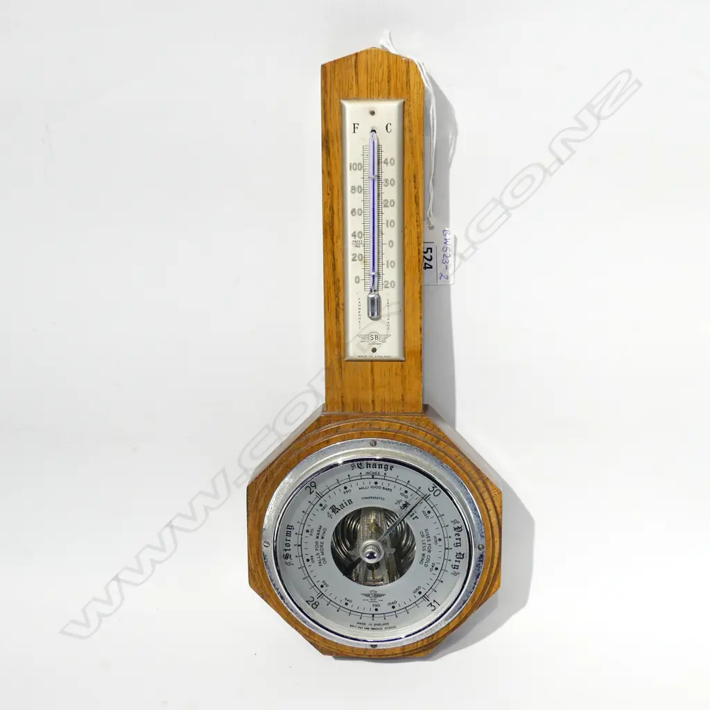 SB, MADE IN ENGLAND, WALL BAROMETER & THERMOMETER H. 320MM Image 1++