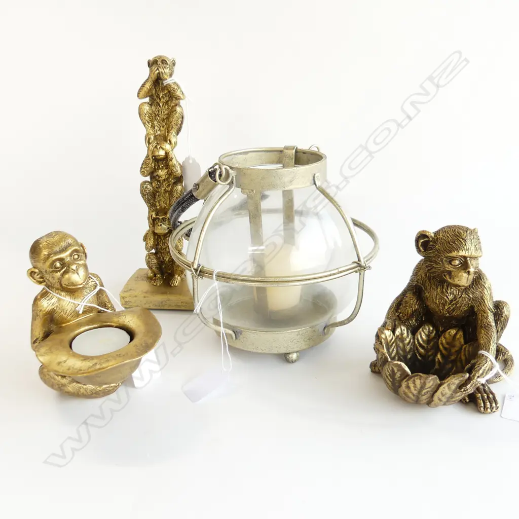 3 GOLD PAINTED MONKEY FIGURES + GLASS CANDLE LANTERN Image 1++