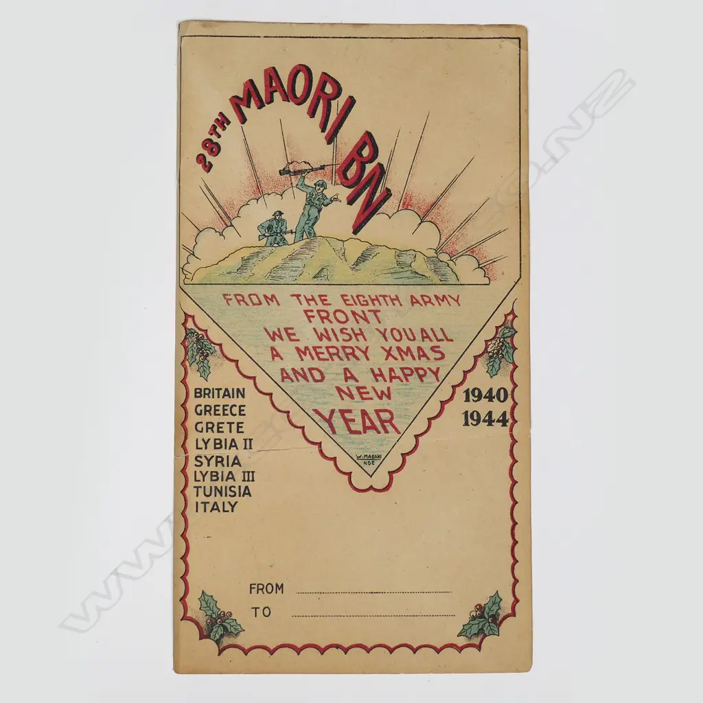 ORIG WWII 28TH MAORI BATTALION XMAS CARD, 'EIGHTH ARMY FRONT', 230 x 140mm Image 1++
