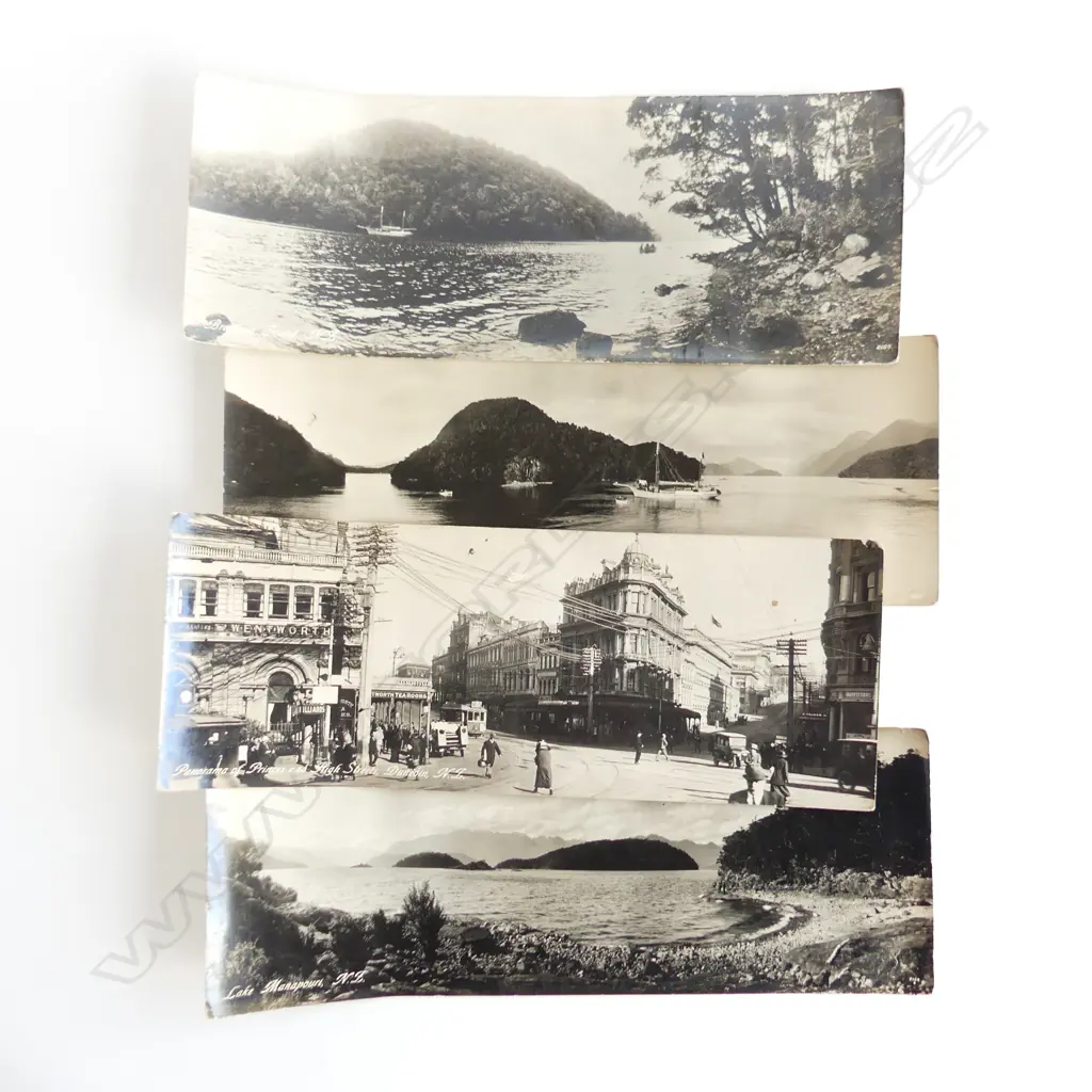 4 EARLY NZ PANORAMIC PHOTOGRAPHS; LAKE MANAPOURI, DUSKY SOUND, DUNEDIN & BREAKSEA SOUND, PUB. WELLINGTON NZ L 310MM Image 1++