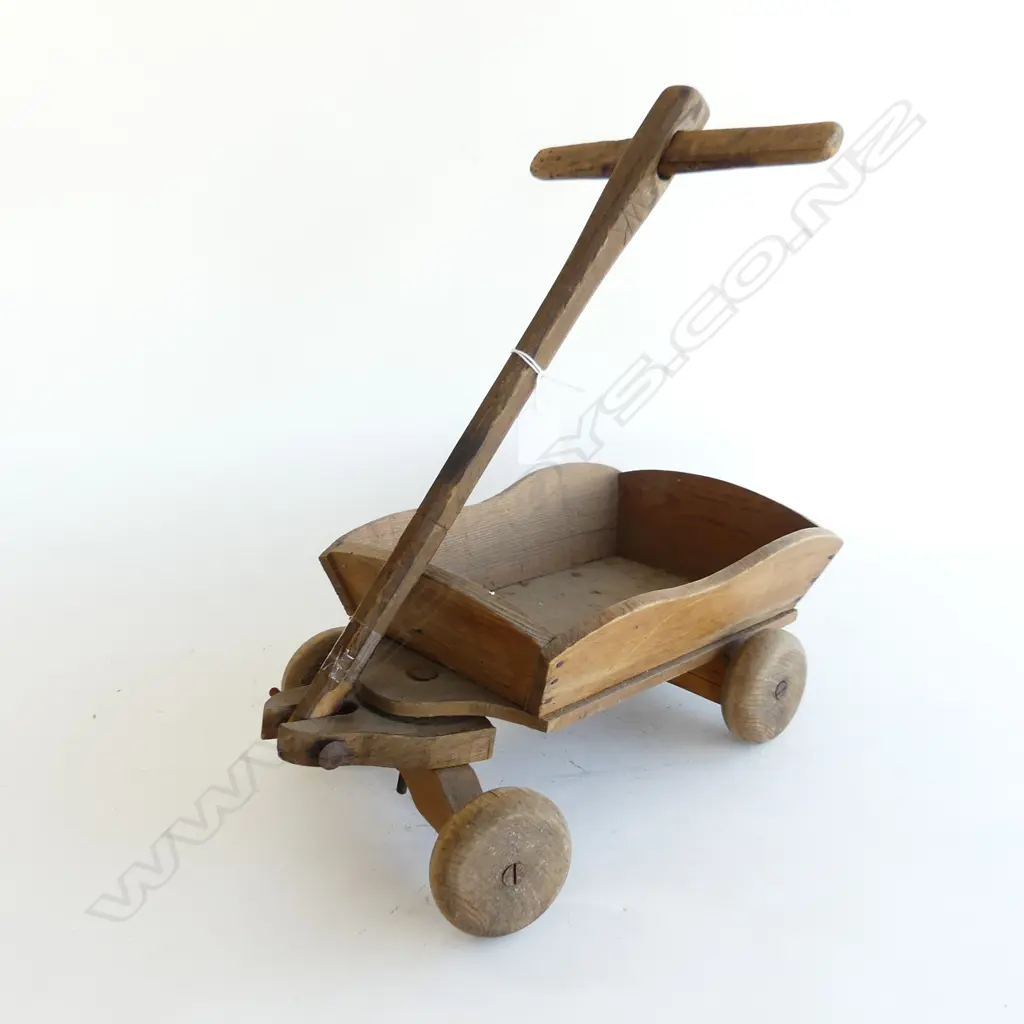 VINTAGE WOODEN CHILDS TOY TROLLEY L.400mm handle repaired Image 1++