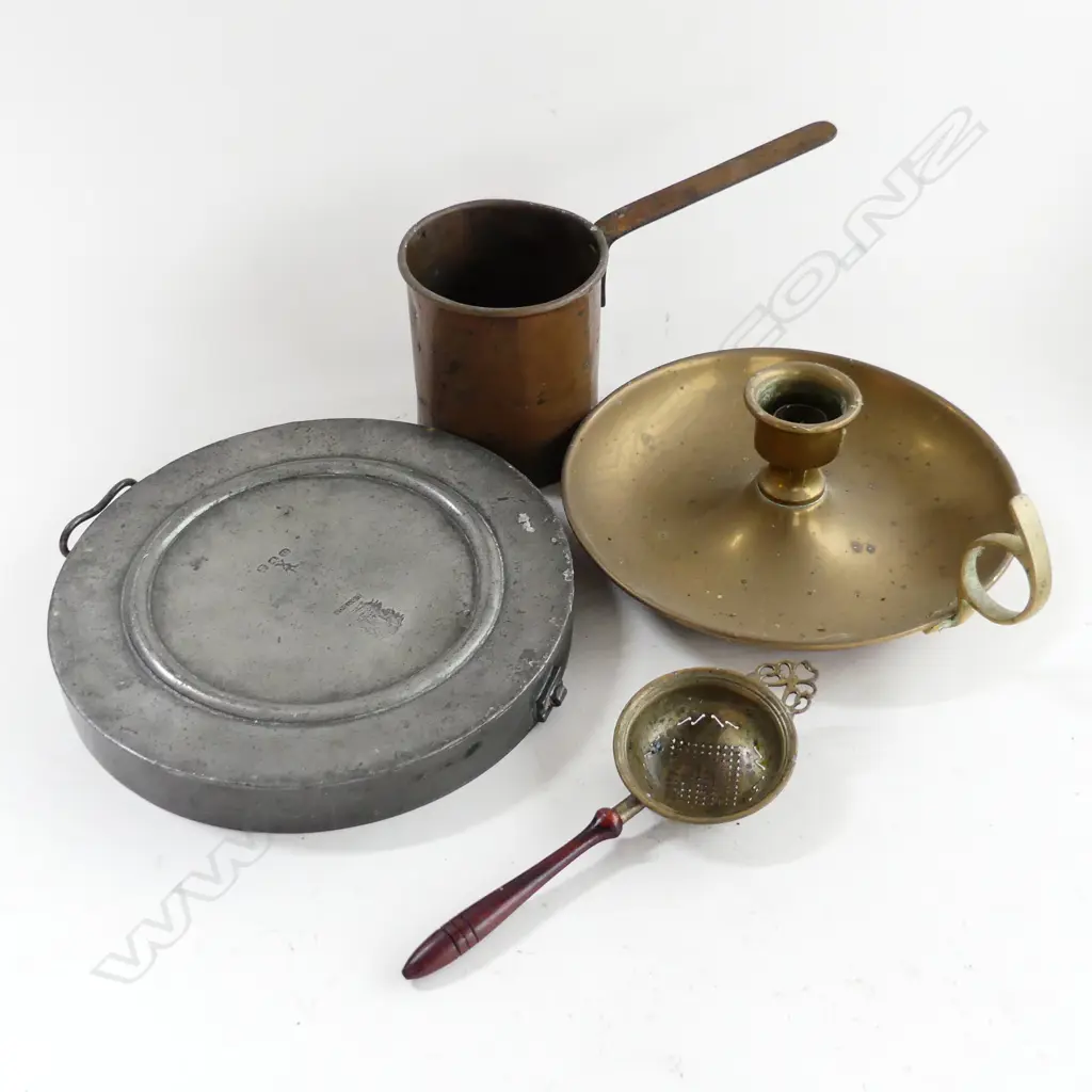 PEWTER WARMING PLATE COPPER BEAKER BRASS CANDLASTICK & SIFTER Image 1++