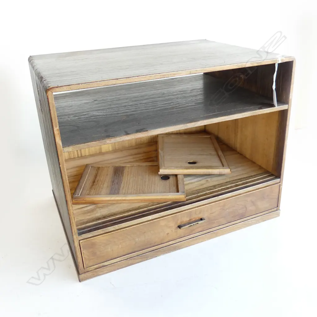 JAPANESE VINTAGE BEDSIDE / COLLECTORS CHEST pr drs 1 drw fine circular panel cut-out sides 425x315x330mm. Image 1++