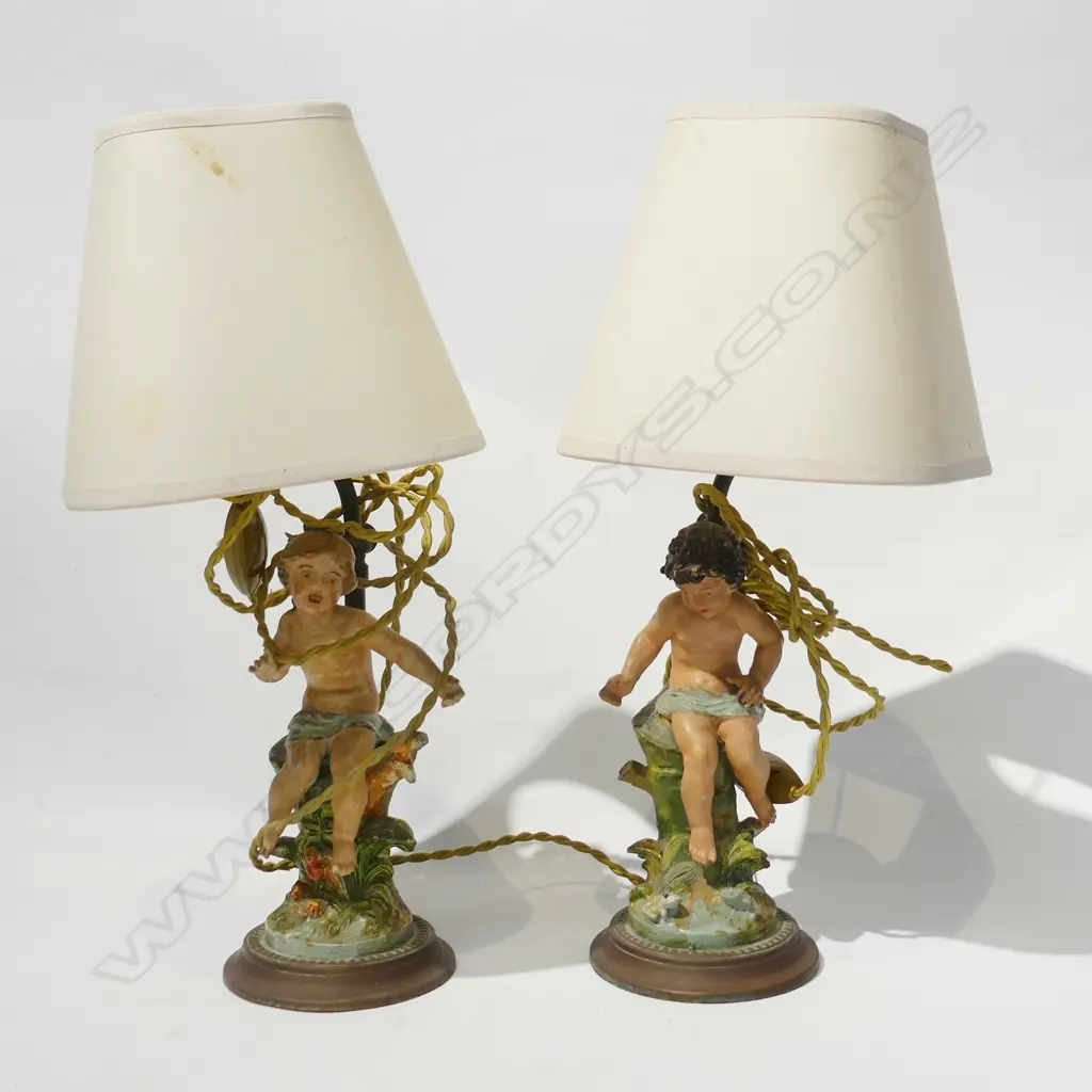 PR L. & F. MOREAU PAINTED METAL CHERUB LAMPS H.380mm Image 1++