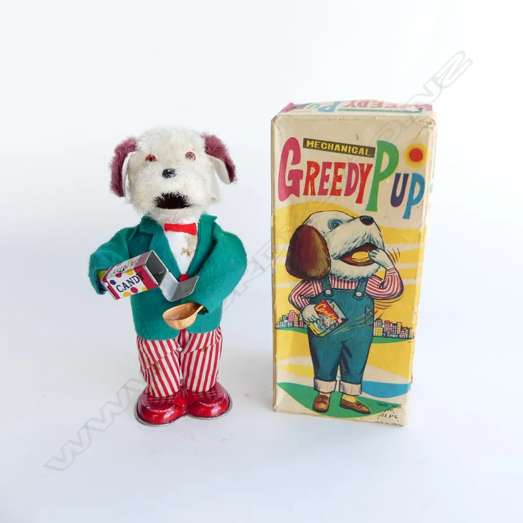 1950'S TINPLATE WIND UP MECHANICAL 'GREEDY PUP' TOY IN BOX BY ALPS JAPAN Image 1++