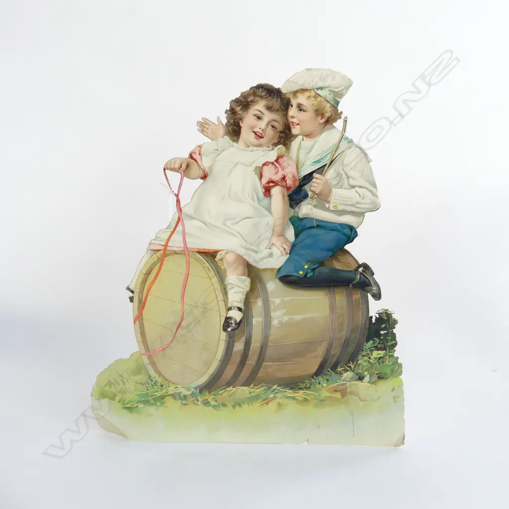 VICTORIAN DIE CUT EMBOSSED CARD STANDING DISPLAYING CHILDREN ON WINE BARREL L 380MM Image 1++