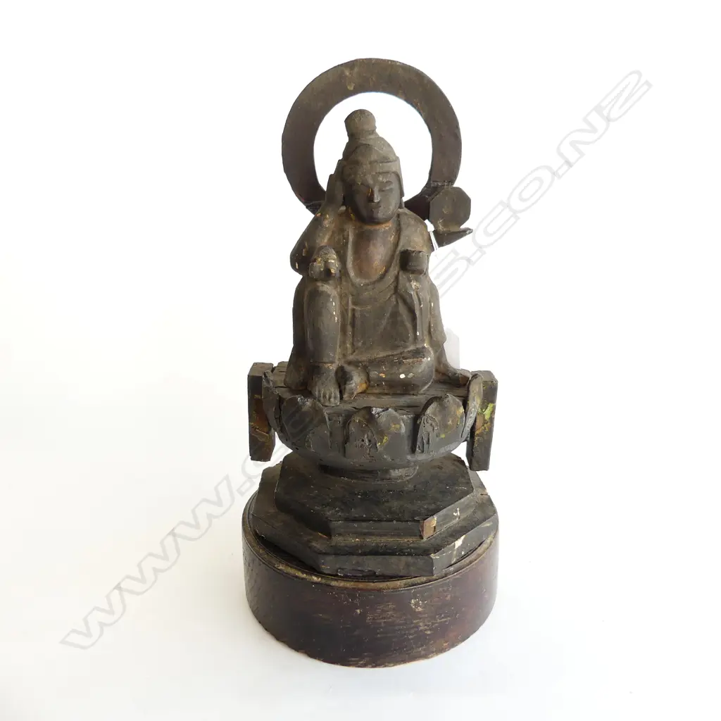 ANTIQUE ORIENTAL SEATED BUDDHA ON THRONE ebonised carved wood H.360mm some borer Image 1++