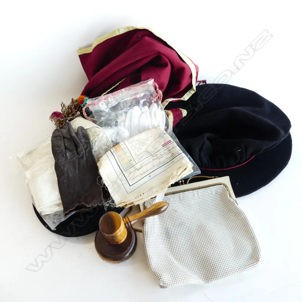 BOX ASST INCL MASTERS CAPE & HAT (?) BERET, LEATHER GLOVES ETC.. Image 1++