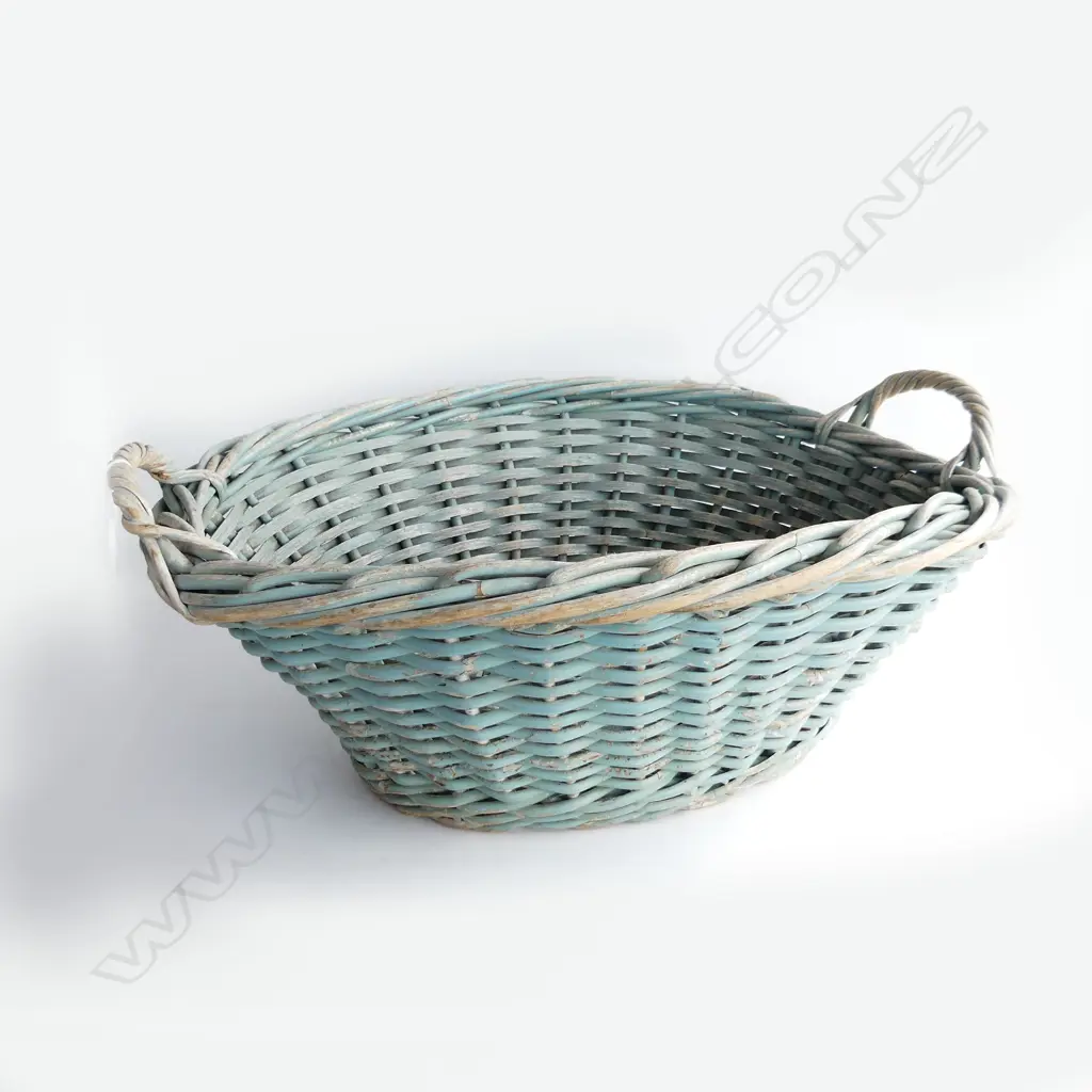ANTIQUE WICKER WOVEN WILLOW LAUNDRY BASKET IN FRENCH BLUE  Image 1++
