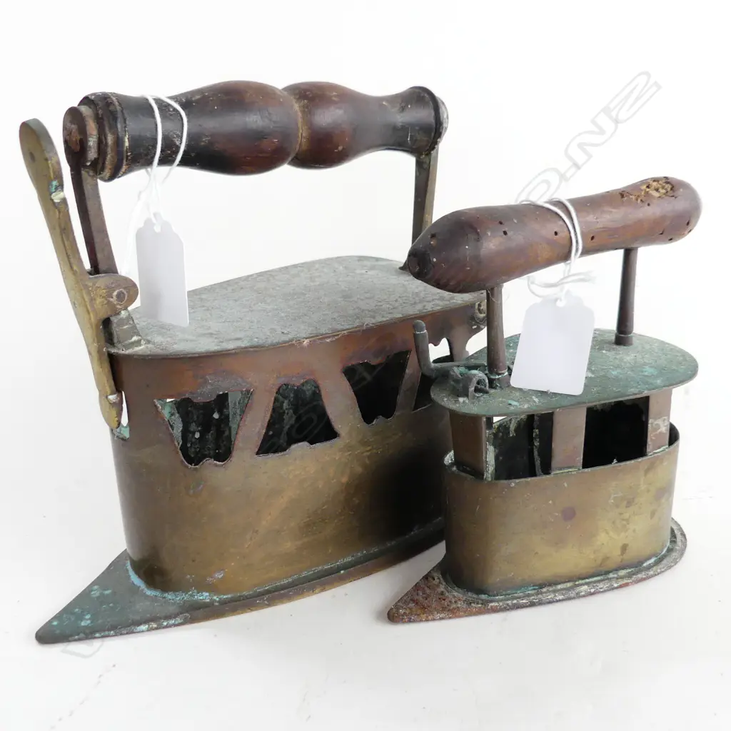 2 ANTIQUE BRASS CHARCOAL IRONS LARGEST L200MM Image 1++