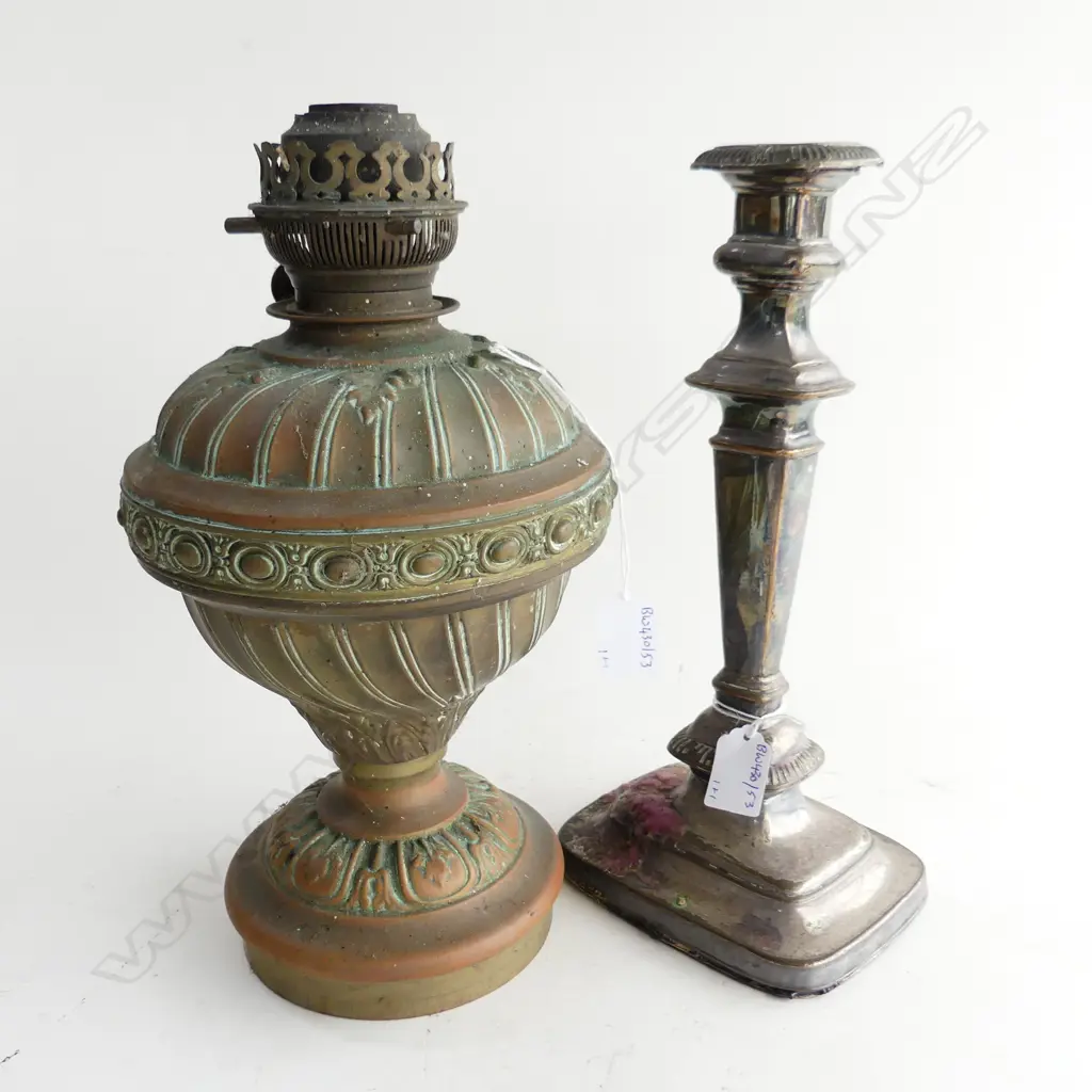 BRASS TABLE KERO LAMP NO FUNNEL H340MM & SHEFFILD PLATE CANDLSTICK  Image 1++